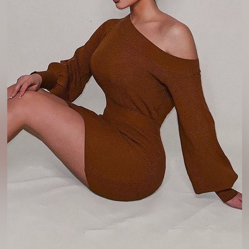 Fashion Nova, Off The Shoulder, Mini, Sweater Dress, Rust Brown, Medium, NWT